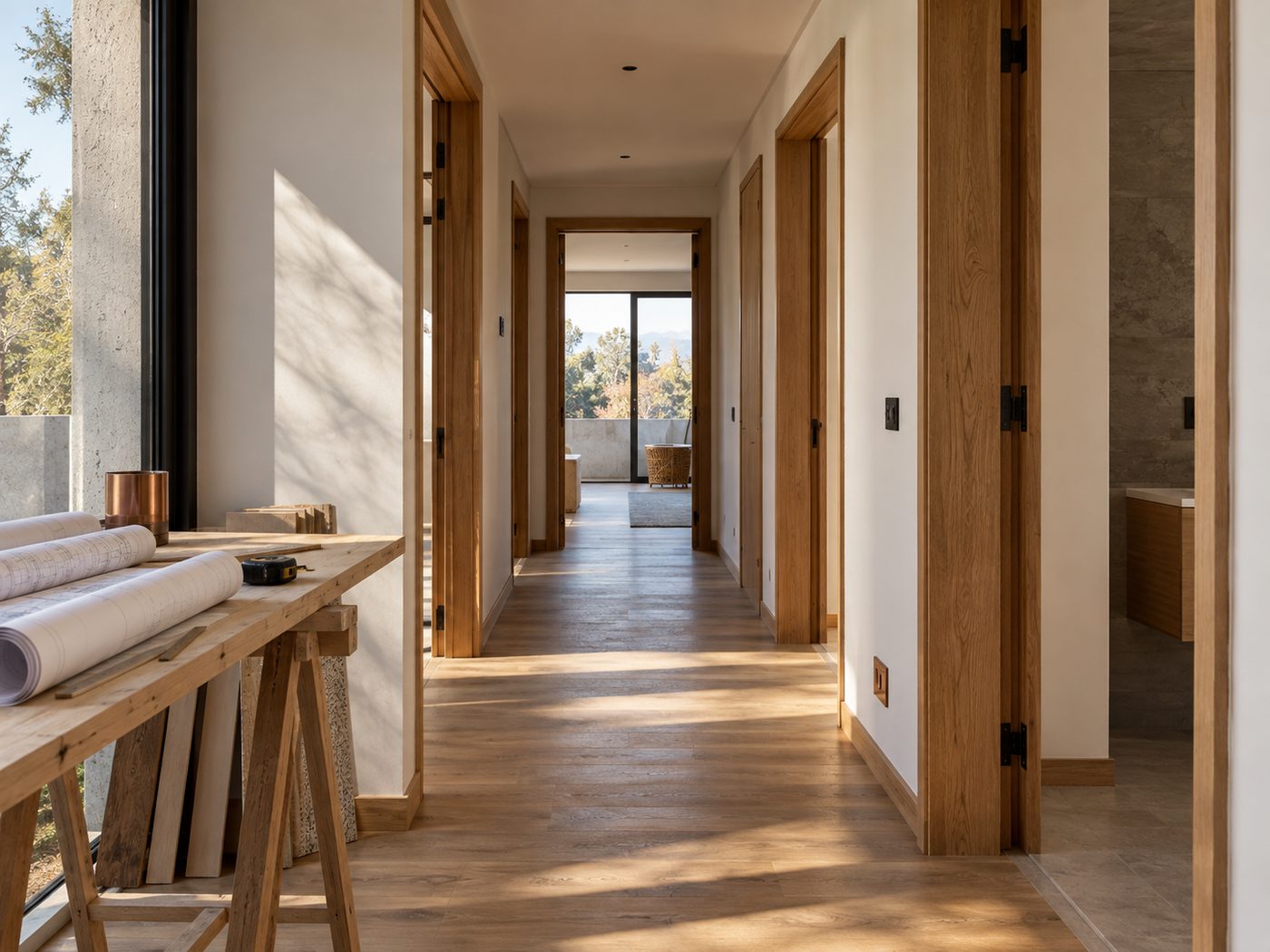 Obra con marcos de puertas de madera instalados