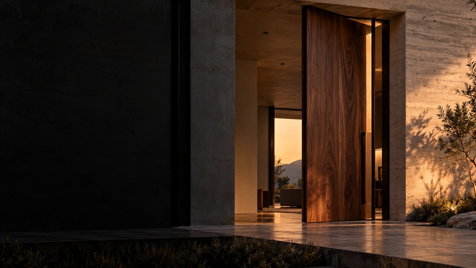 Puerta de acceso de madera maciza en fachada moderna