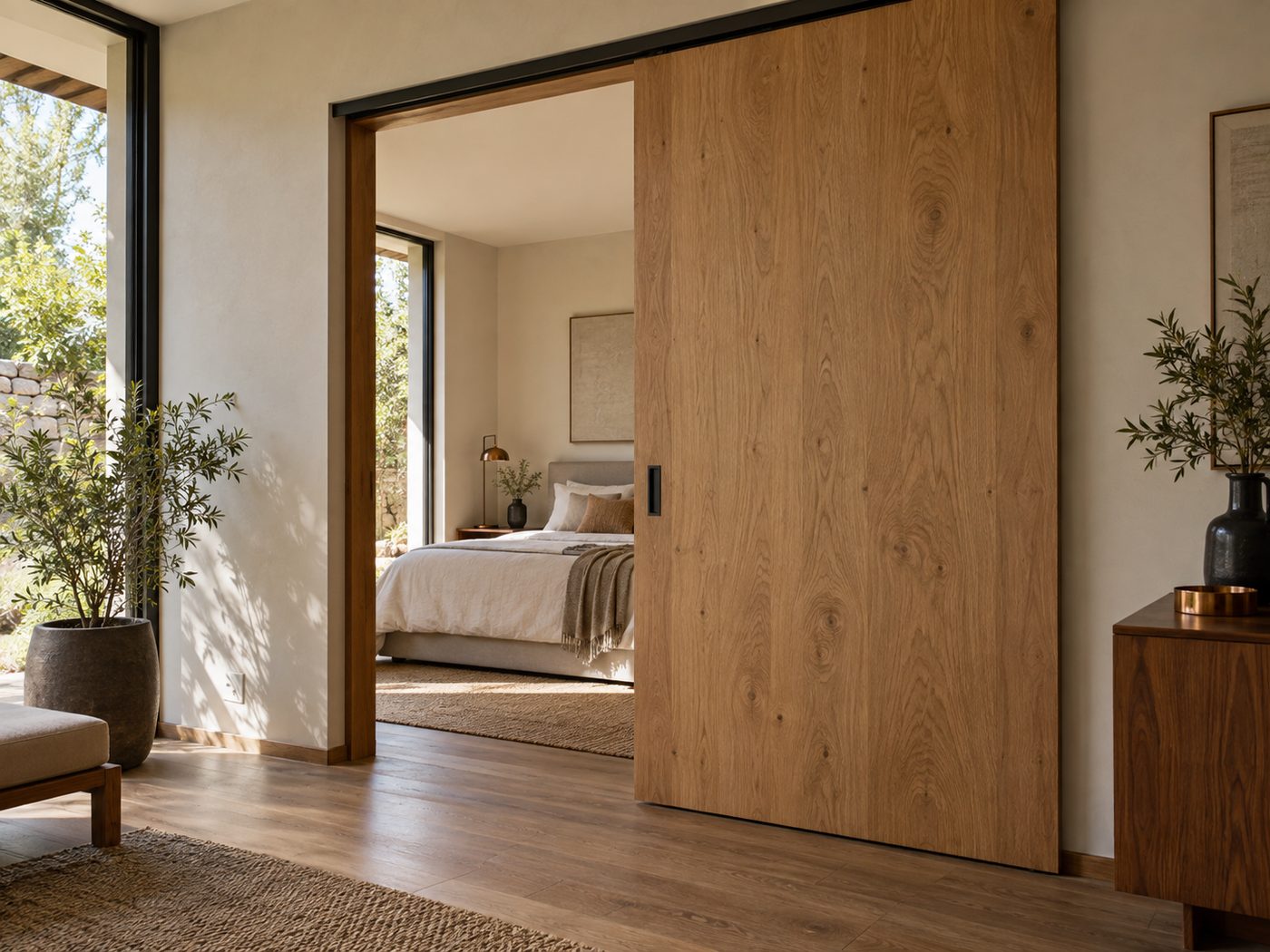 Interior de casa con puerta corredera de madera