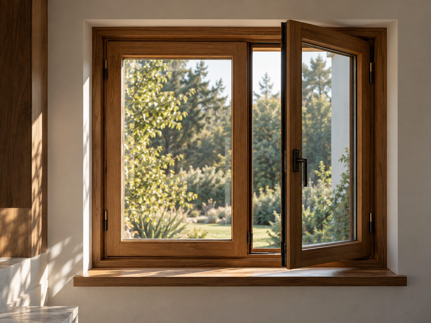 Ventana de madera con marco de roble